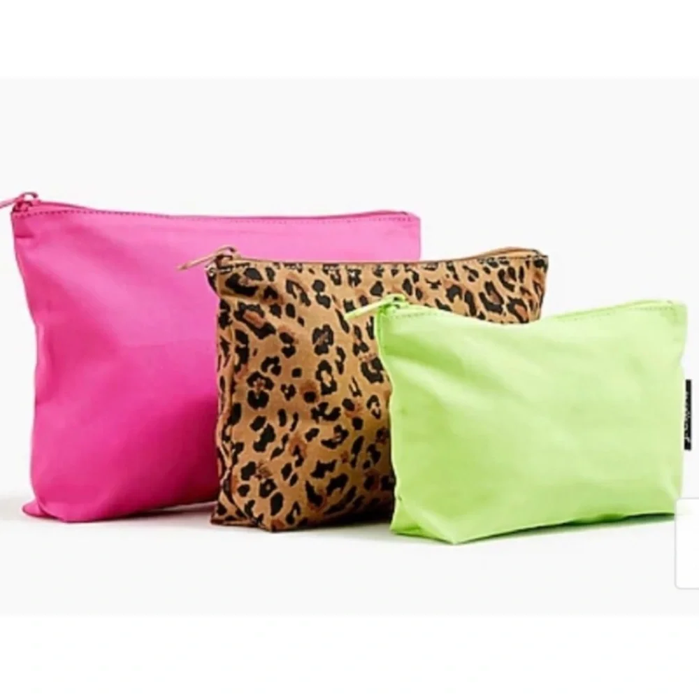New, J.Crew Set of 3 Cosmetic Bags in Lime, Barbie Pink & Animal Print 🛍